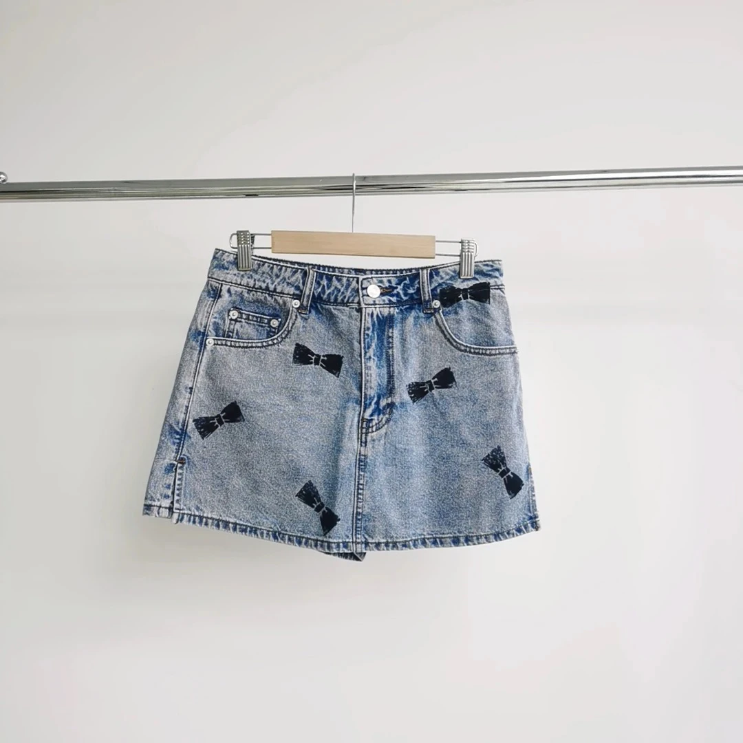 D112 蓝色蝴蝶结印花牛仔短裤裤裙