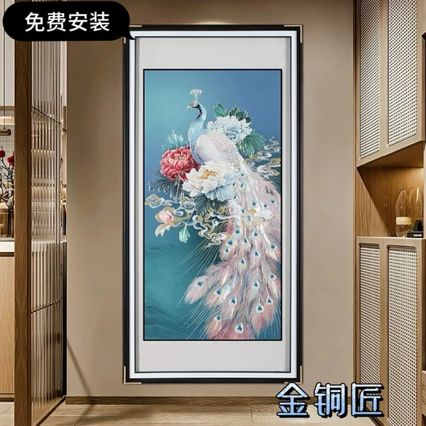 富贵吉祥手工铜板铜雕装饰画高档新中式入户玄关走廊过道荣华孔雀