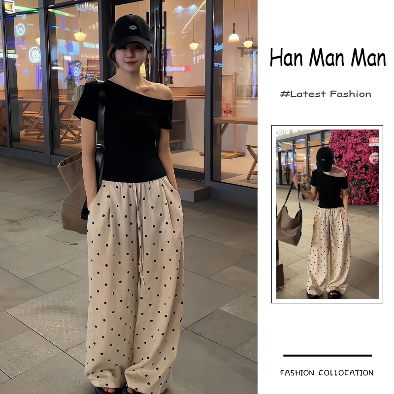 夏季流行穿搭整套新款2025韩版时尚露肩短袖上衣波点阔腿裤两件套