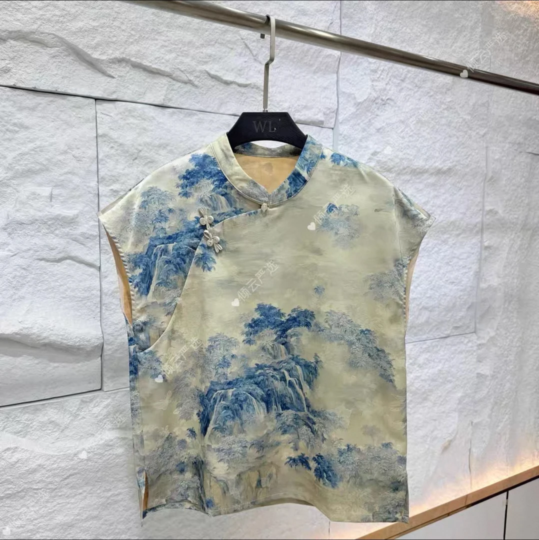 桑蚕丝香云纱蓝色印花小上衣828