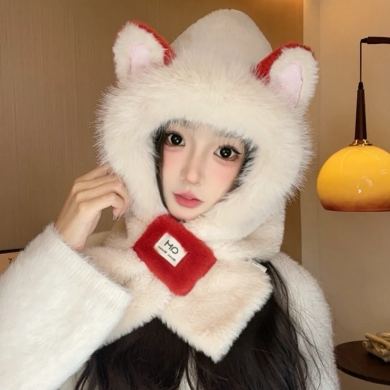 【火狐狸耳朵时尚毛绒帽子】围巾一体冬季保暖雷锋帽女护耳雪防寒帽