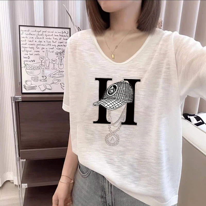 2025夏季新款雪花棉薄款百搭短袖休闲上衣女士U领韩版白色大码T恤