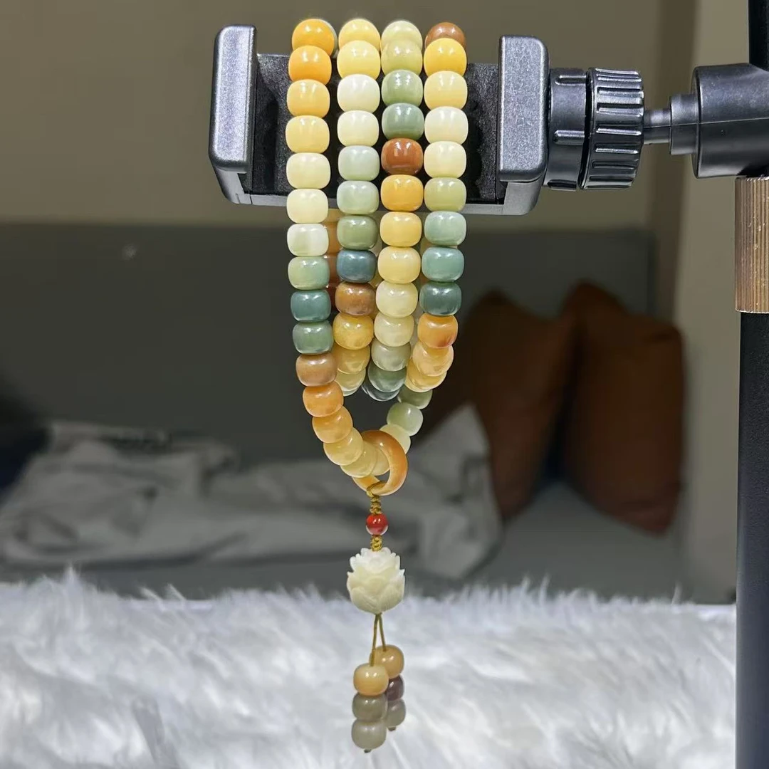 天然白菩提8×10彩虹渐变多宝菩提金玉满堂脖挂108颗白玉菩提手串