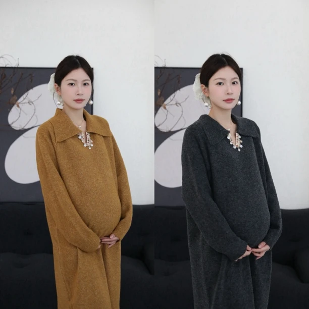 senenmu 【3色小v连衣裙】【羊毛混纺】宽松大版孕妇装大码针织裙