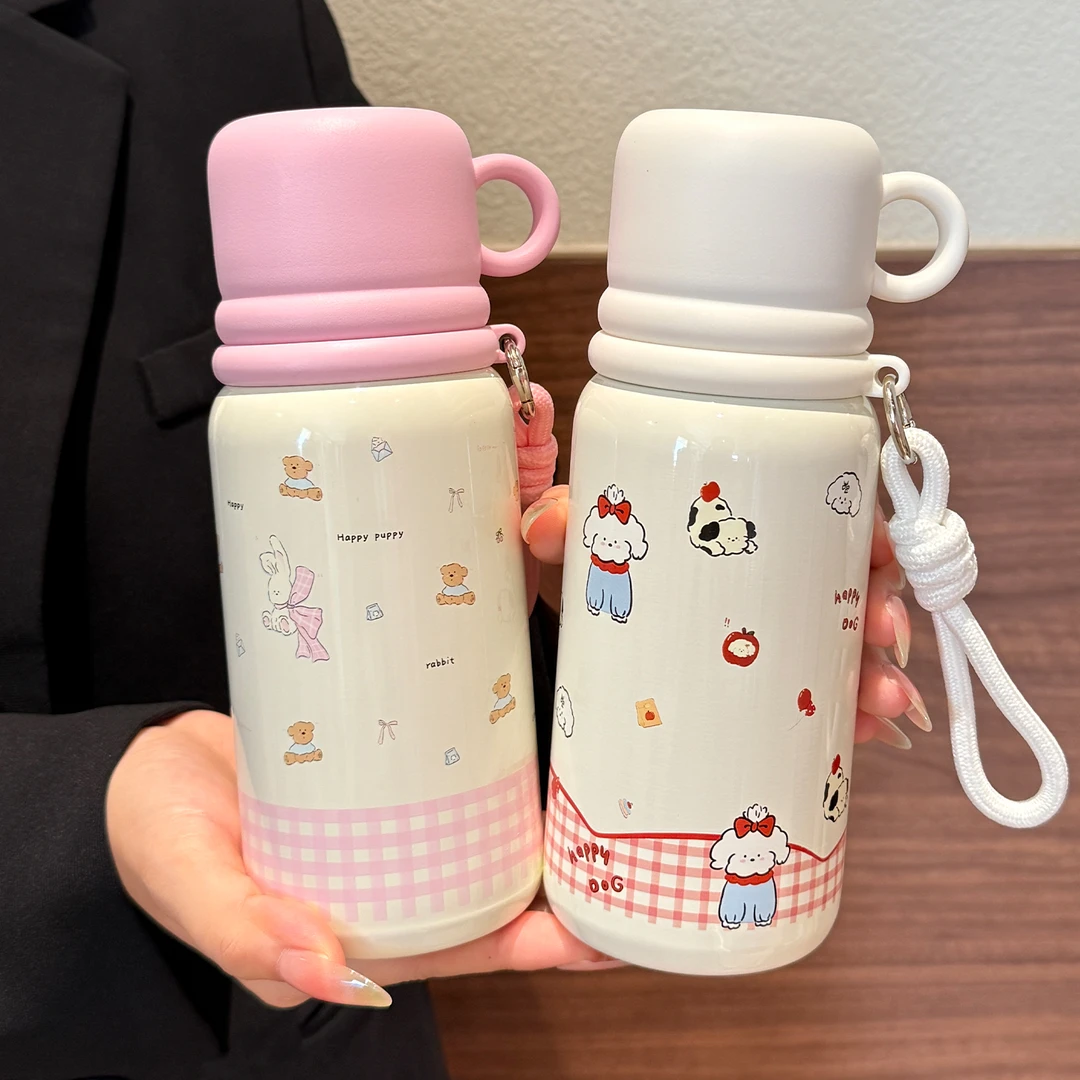 卡通保温杯女新款2025高颜值双饮杯学生吸管水杯上学专用水壶带盖
