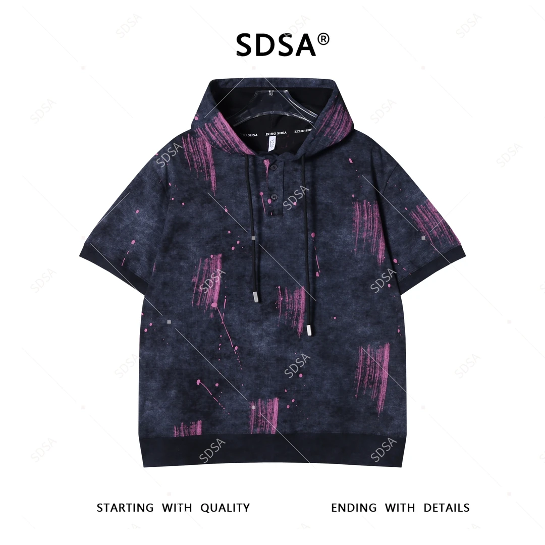 SDSA夏季新款男士痞帅美式泼墨印刷纽扣连帽短袖T恤复古宽松上衣