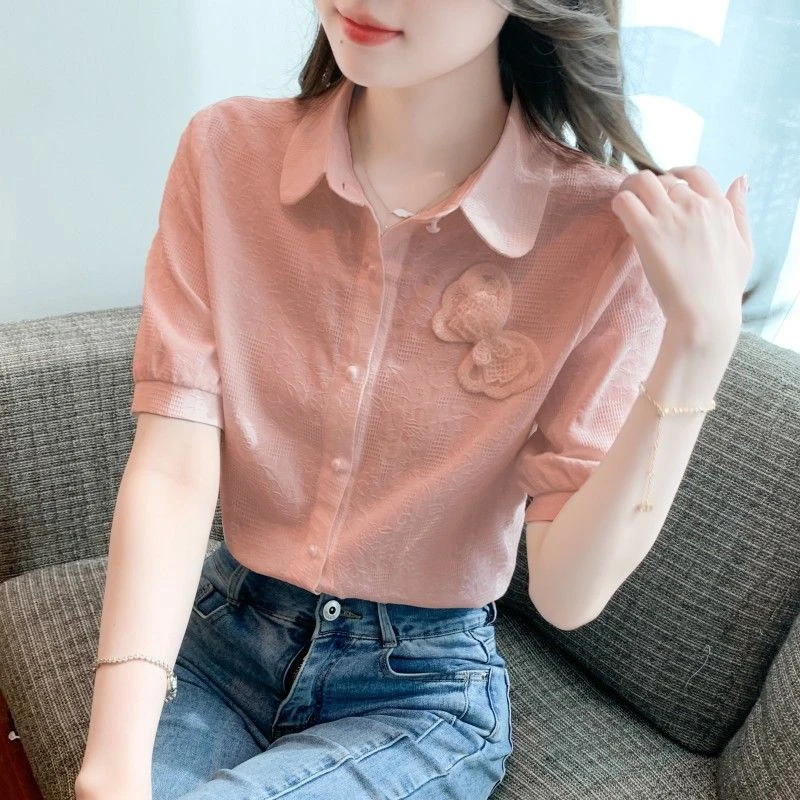 纯棉新款薄款2024年全棉刺绣衬衫提花夏装女士上衣衬衣短袖女洋气