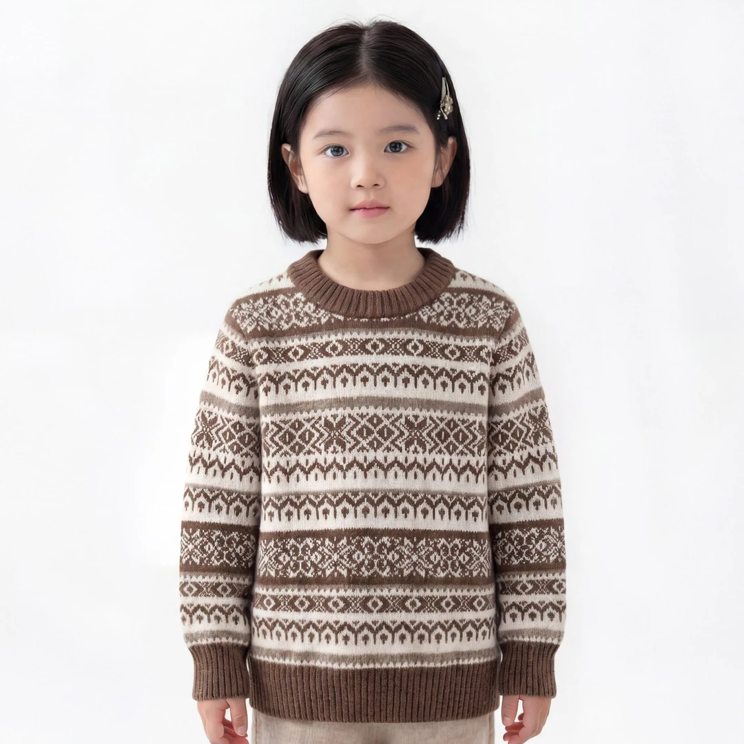 100%山羊绒加厚 男童毛衣 保暖拼色 厚款撞色羊绒衫 老钱风费尔岛