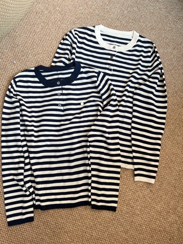 【米惠】新品撞色套头条纹经典长袖时尚百搭套头宽松弹力韩版毛衣