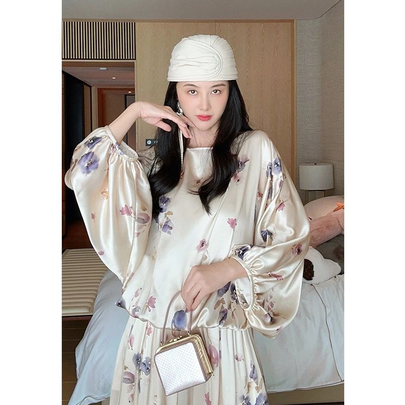 TRACYCHU欧若风真丝鸢尾花极简风休闲长袖款宽松衬衫纯欲松弛感
