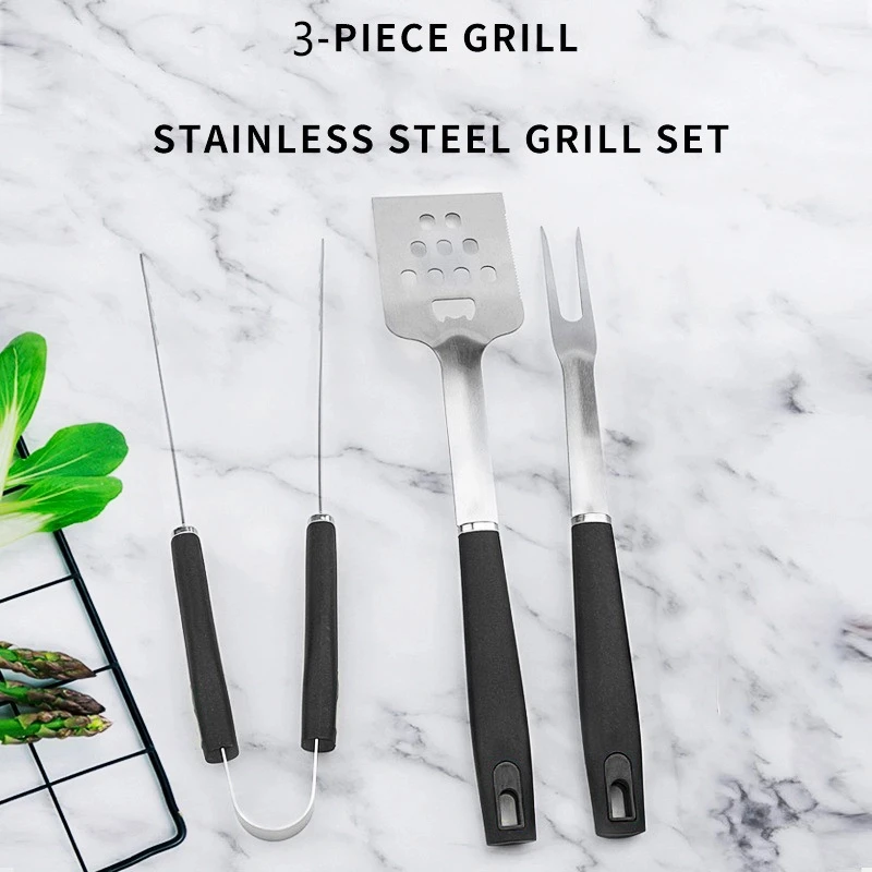 D863烧烤BBQ叉铲夹子不锈钢防烫耐用户外烧烤叉三件套