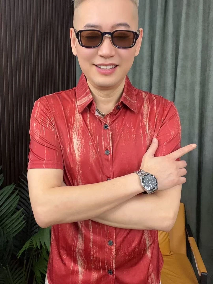 夏季男士翻领加大印花竖条纹衬衣衬衫短袖时尚薄款