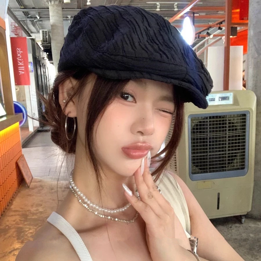 2025新款韩系简约纹理感前进帽女春夏文艺百搭显脸小贝雷帽女