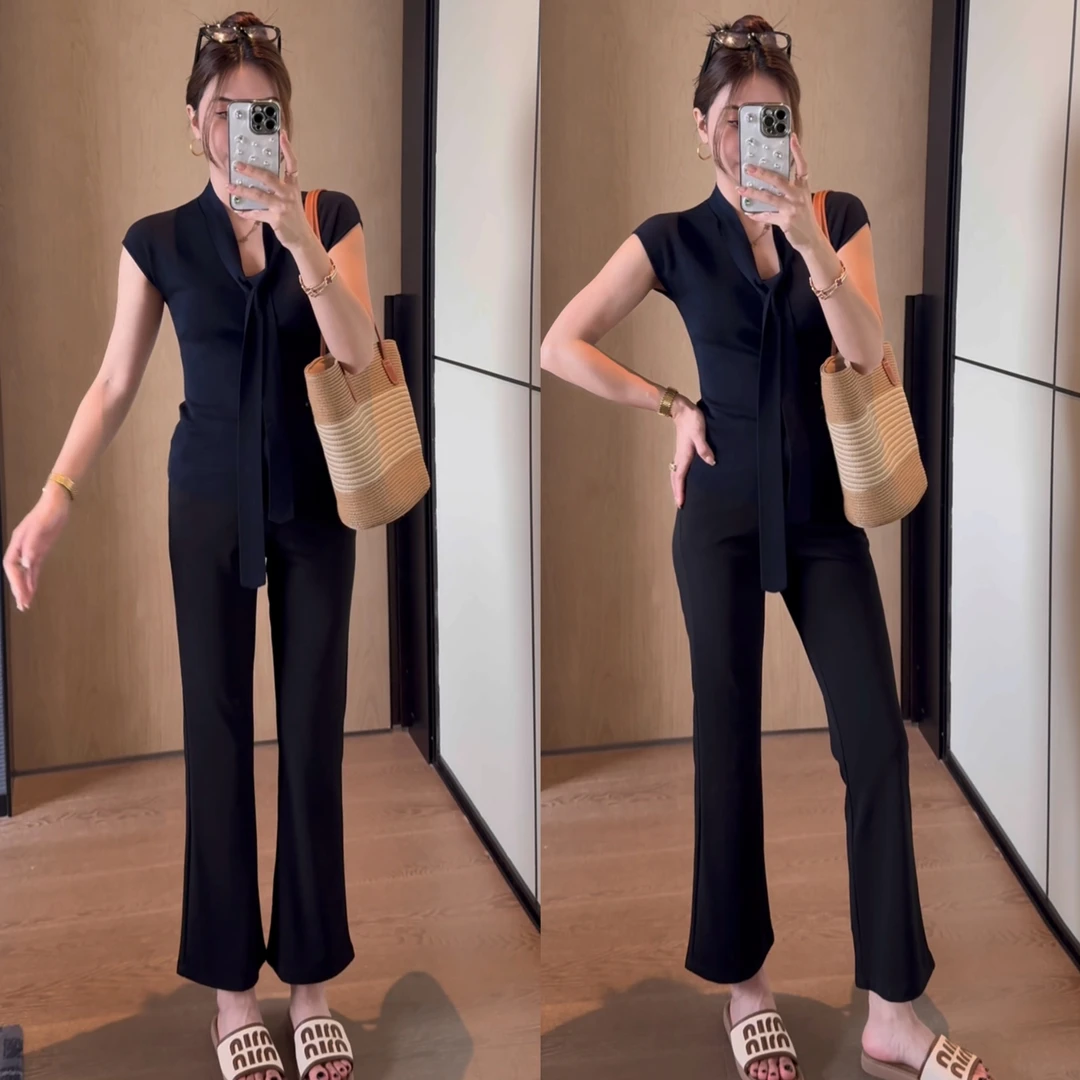 夏季高腰黑色微喇裤子女万向弹显瘦九分小黑裤薄款