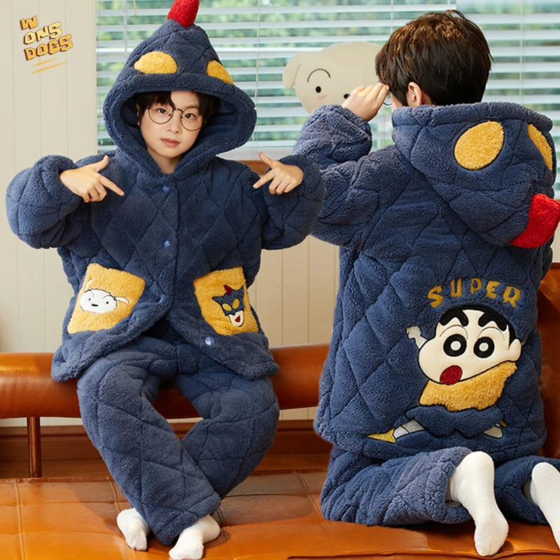 男童睡衣法兰绒加厚睡衣冬天加绒三层夹棉连帽宝宝中大童家居服