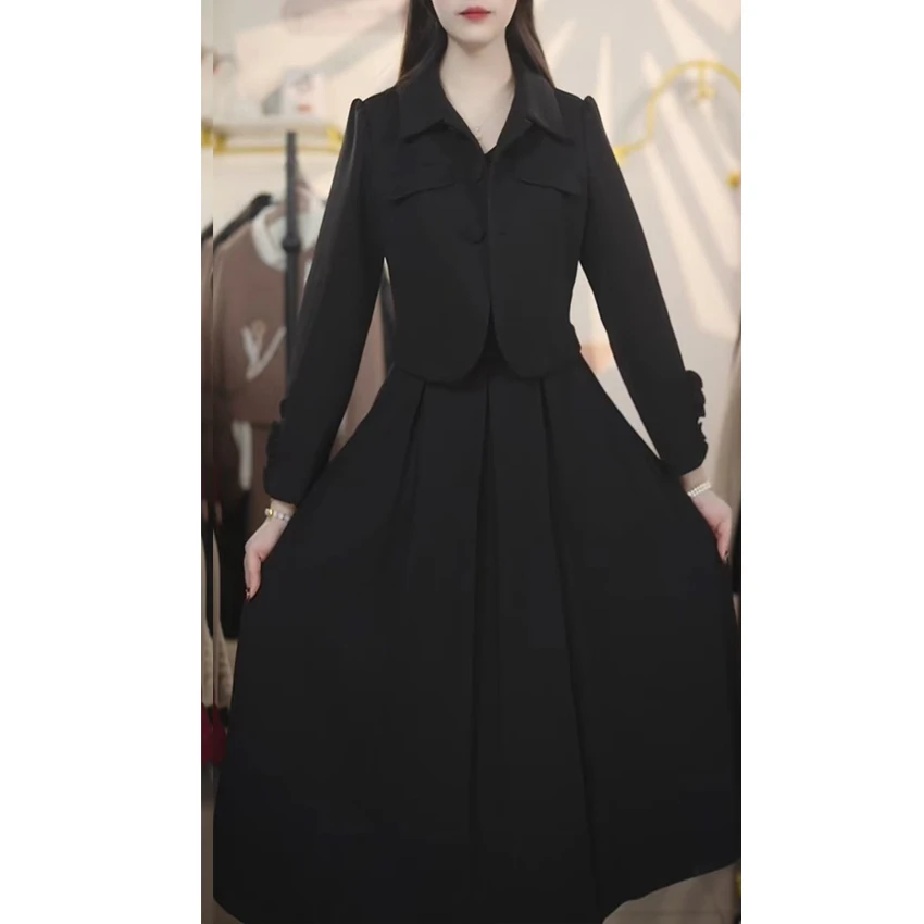 L178气质连衣裙女2025春秋新款修身显瘦中长款拼接假两件裙子