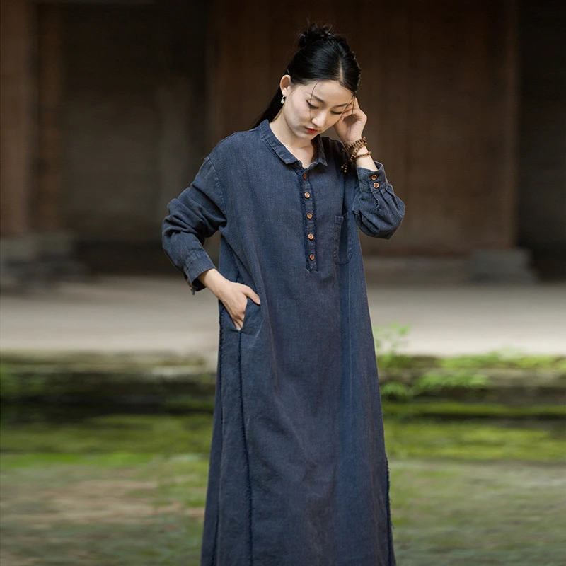 苎麻磨毛砂洗炒色女禅意长袍25秋棉麻女装新款原创改良设计连衣裙