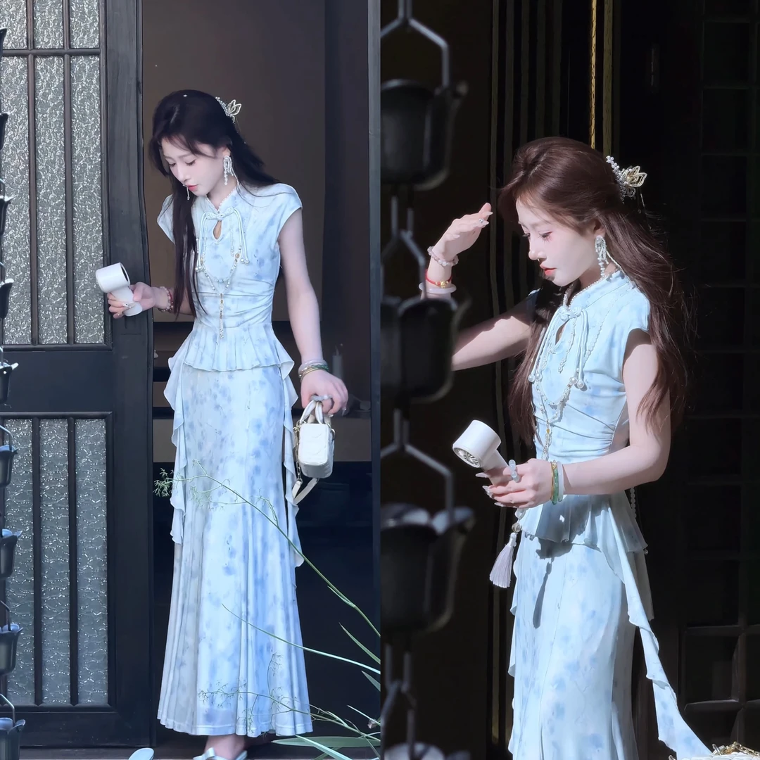 【婷婷】《蓝羽轻纱》弹力晕染蓝色流苏套装 TTH2SX678【Q】