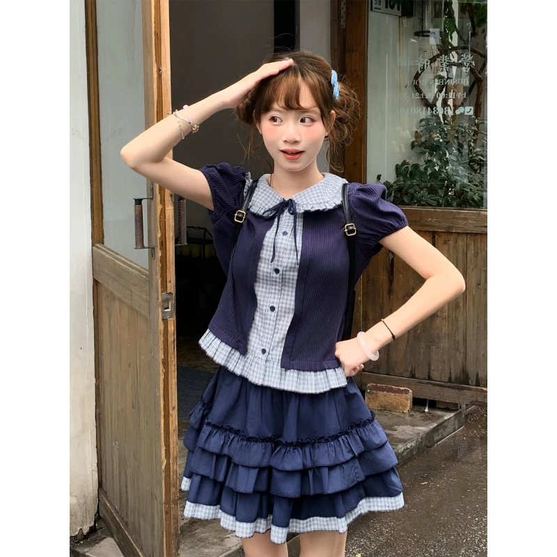 青藤学院 sinsingirl 藏青色拼小格子学院感套装娃娃领短袖短裙子