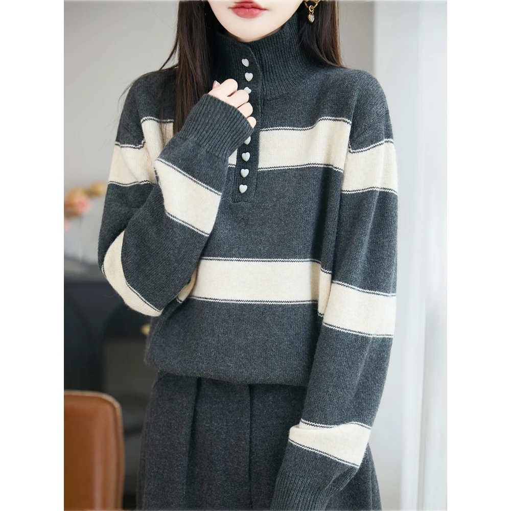 条纹高领毛衣女秋冬慵懒高级感减龄宽松加厚半开领内搭针织衫上衣
