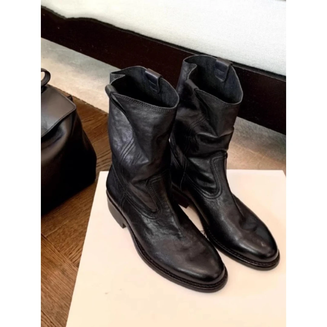 复古圆头V口西部靴女2025秋冬英伦风粗跟中高筒骑士靴短靴子时尚