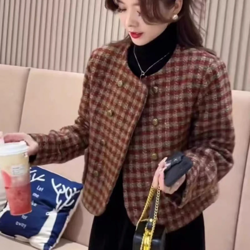 2025春款新品小香风格子短款厚外套女气质厚料休闲百搭上衣 5332