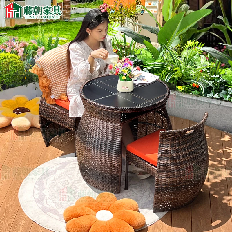 【藤朝品牌】阳台茶桌椅可收纳藤编岩板户外露台花园茶几椅子三件套
