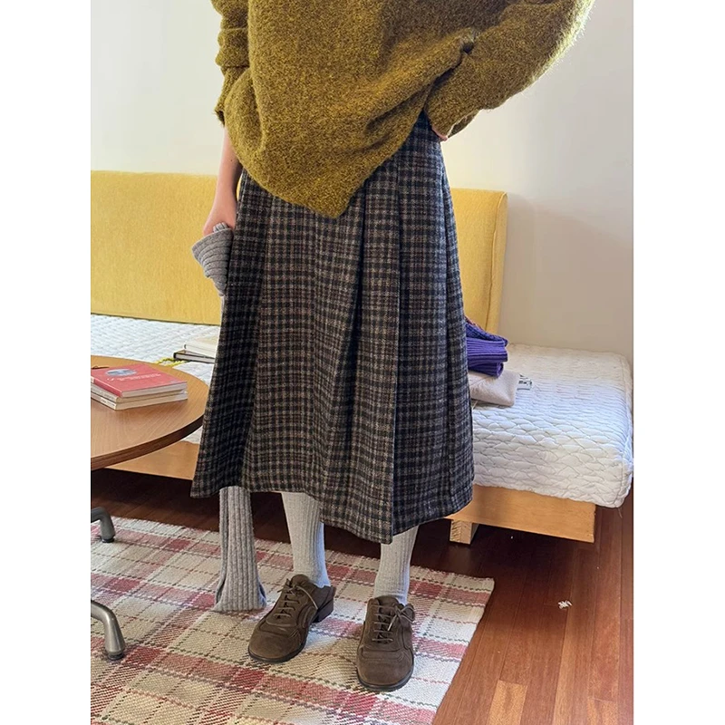 韩系复古咖色小格子压褶半身裙女秋冬新款高腰设计感毛呢a字伞裙