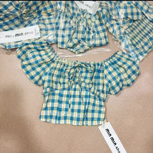 欧街-格子绑带泡泡短袖07281