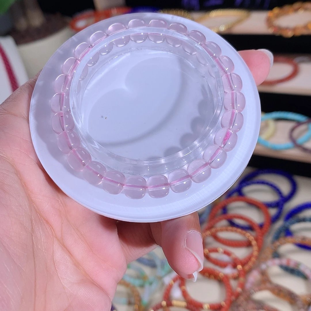 银S925镶嵌手串芙蓉石精工老型直切粉水晶7.5mm