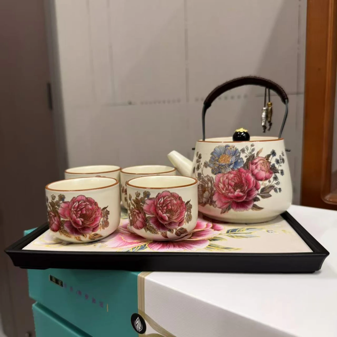 金丝牡丹提梁壶一壶四杯送茶盘+主人杯ZHZ846
