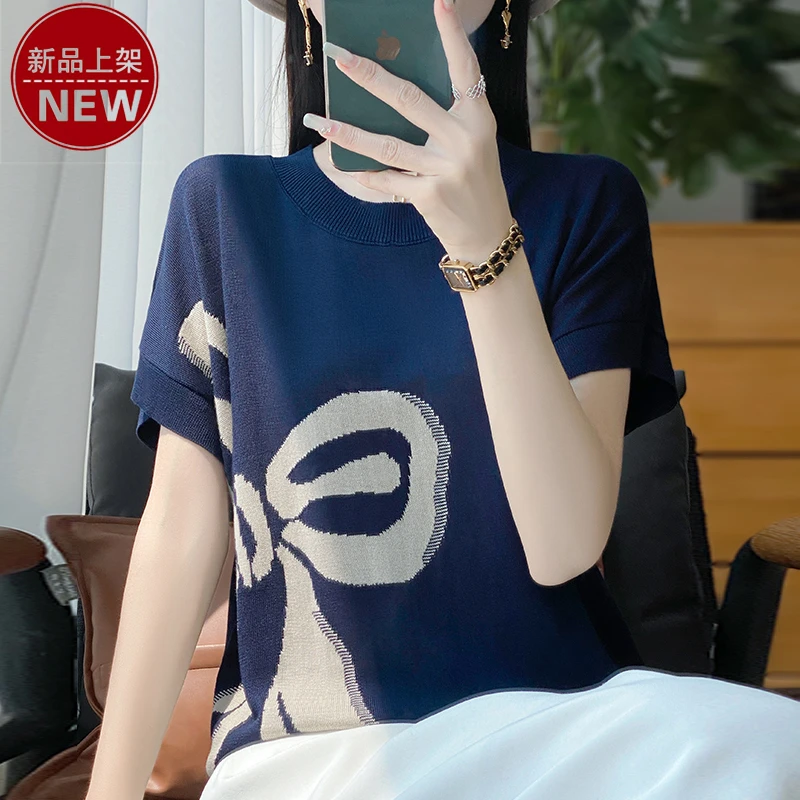 哥弟阿玛施正品宽松显瘦圆领刺绣薄款洋气百搭休闲短袖套头针织衫