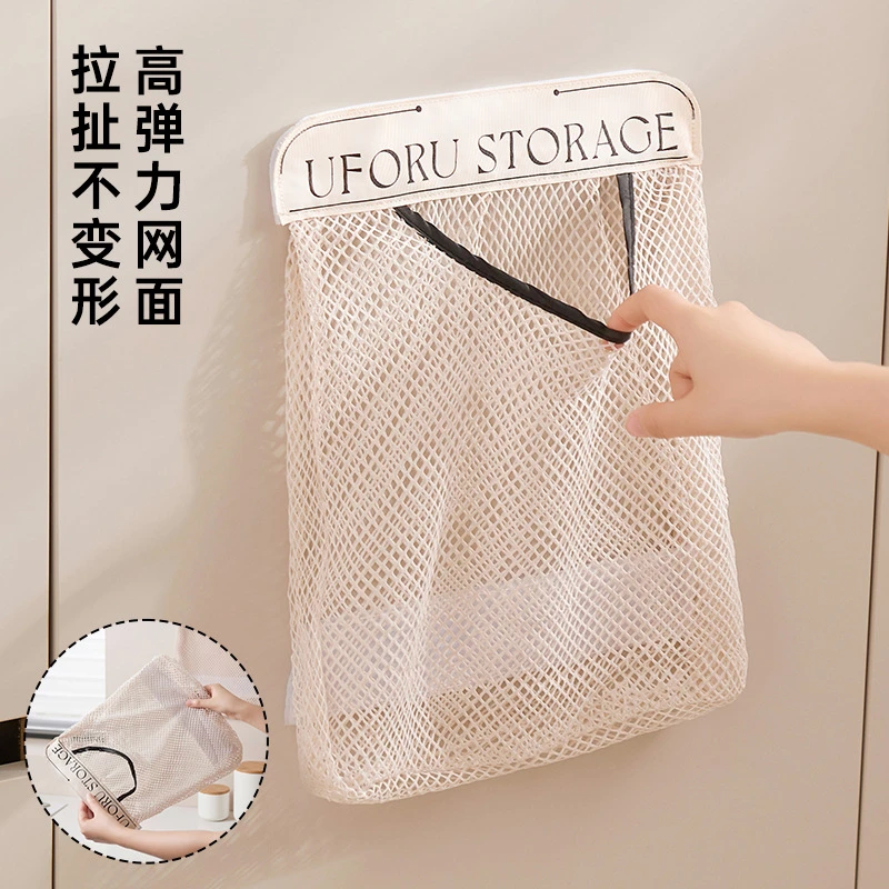 抢购中厨房垃圾袋收纳神器壁挂式塑料袋柜门魔术网兜大容量储物袋