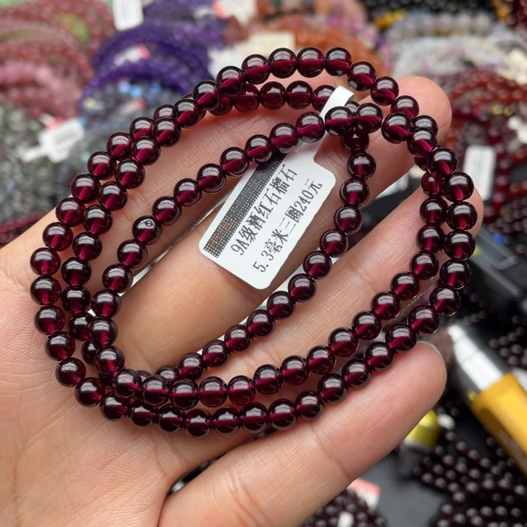 石榴石未镶嵌手链5.3毫米三圈老矿毕业级酒红石榴石手链
