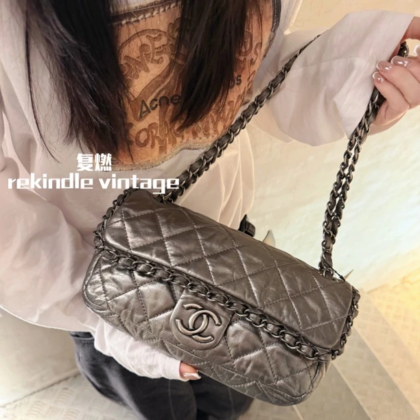 95新 Chanel/香奈儿 复燃精选/金属色滚边cf链条斜挎包有卡14开
