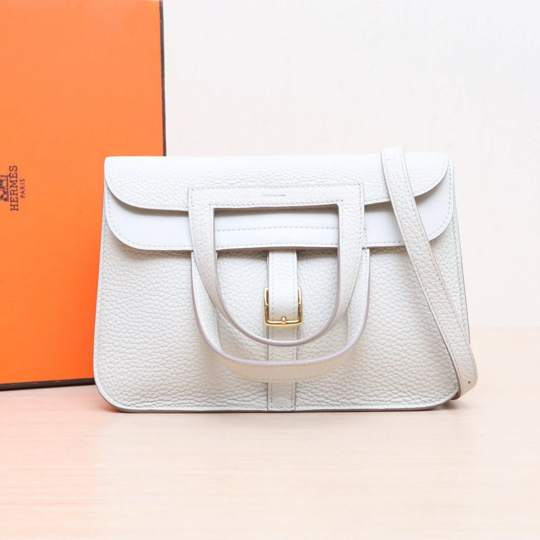 99新 Hermes/爱马仕 小花柳 Halzan 25 单肩包奶昔白 B刻金扣包
