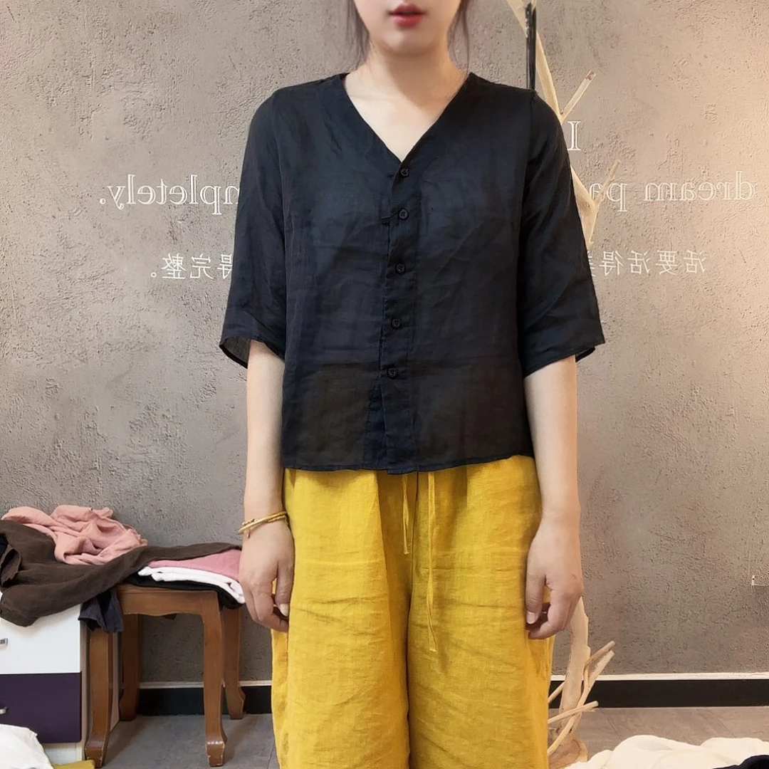 6512黑色苎麻开衫纯色扣