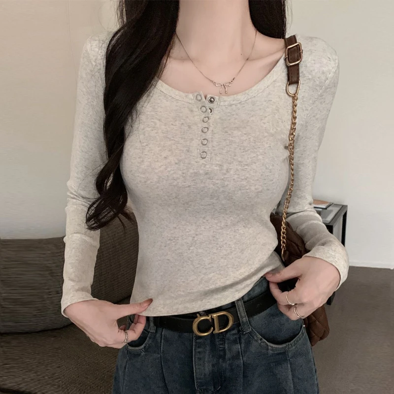 半开领辣妹修身t恤女打底衫春秋季螺纹纽扣长袖短款显瘦洋气上衣