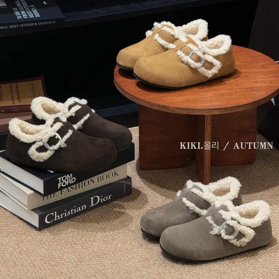 mollykiki森系复古圆头休闲女2025秋冬新款毛毛加绒一脚蹬勃肯鞋