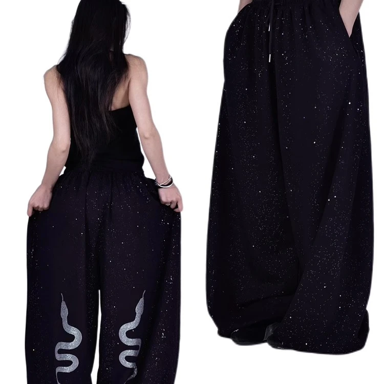 原创烫钻撒银爆闪小蛇印花闪闪卫裤女夏季松弛感宽松型街舞运动裤