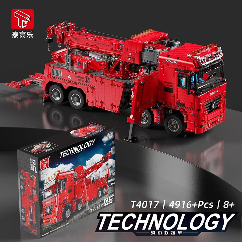 【泰高乐】T4017遥控电动消防救援车工程车男孩益智DIY拼装积木