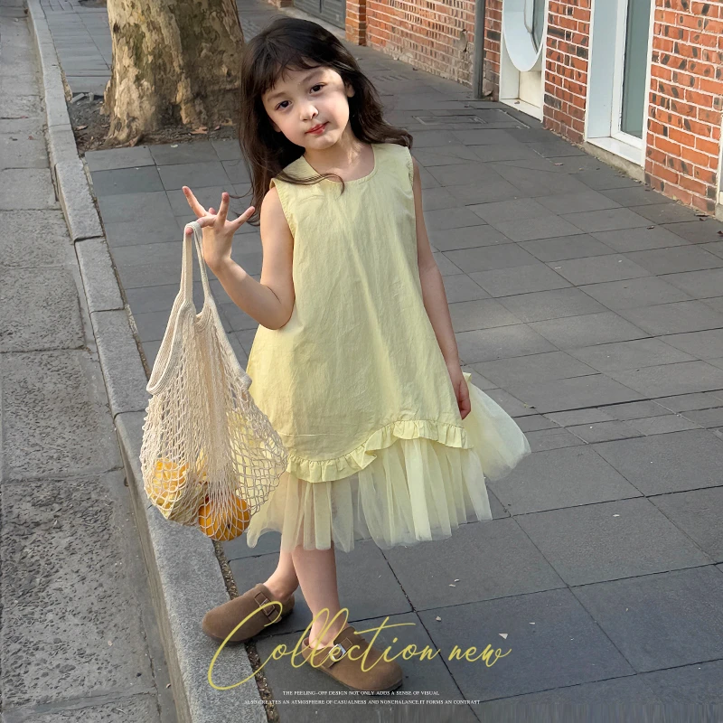SKC2542女童韩版圆领连衣裙夏装新款儿童纯色网纱拼接背心裙潮