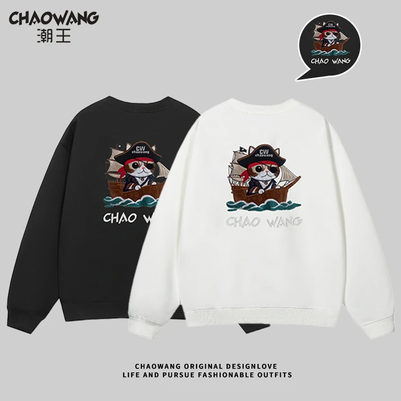 CHAOWANG [海盗猫]国潮重磅刺绣情侣潮牌长袖卫衣绣花宽松圆领T恤