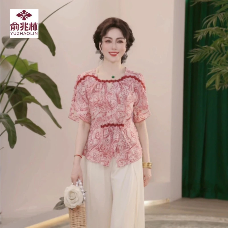 妈妈装夏装25薄款时尚两件套气质中老年女装中年洋气小衫上衣套装