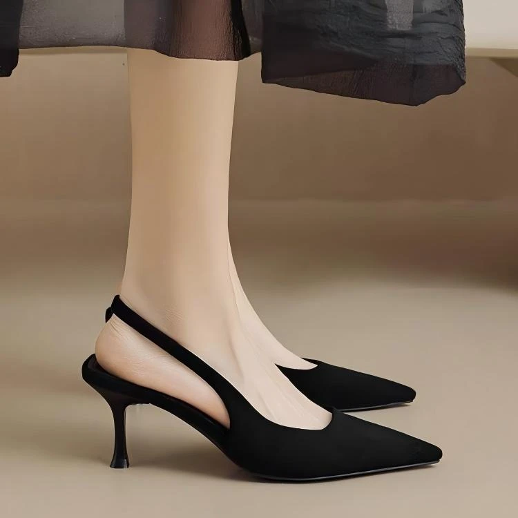 达芙妮包头凉鞋女2023年春夏季时尚黑色时尚气质尖头高跟凉鞋细跟