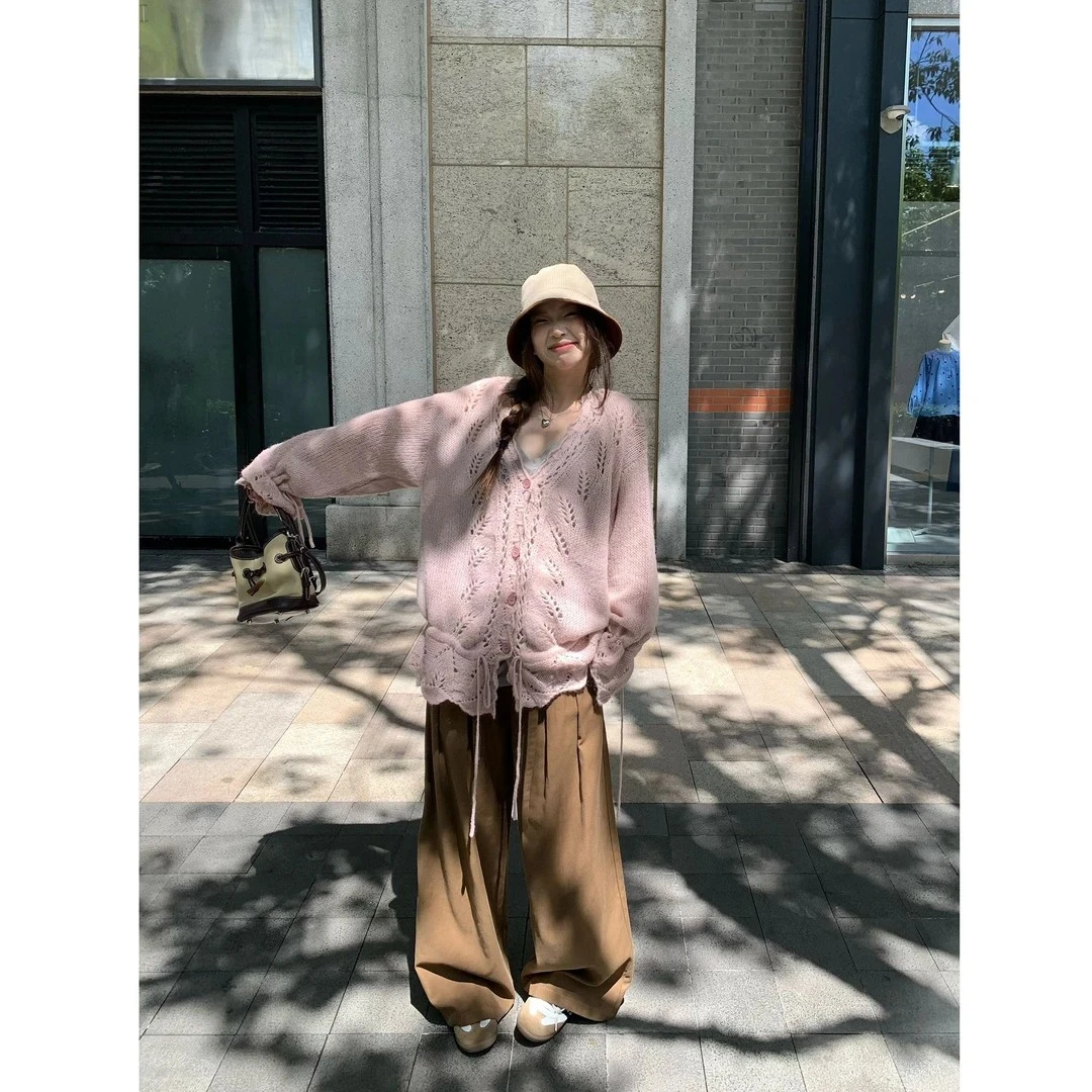 秋季温柔抽绳钩花毛衣两件套+花边吊带时尚套装 #C1073