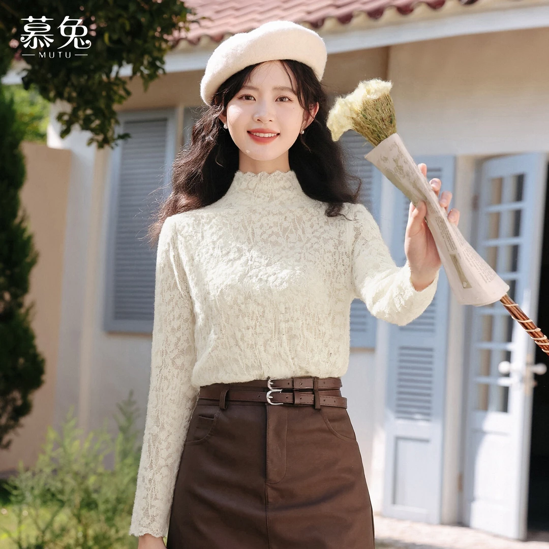 慕兔法式高级感蕾丝打底衫冬新款洋气内搭半高领长袖上衣TU30787