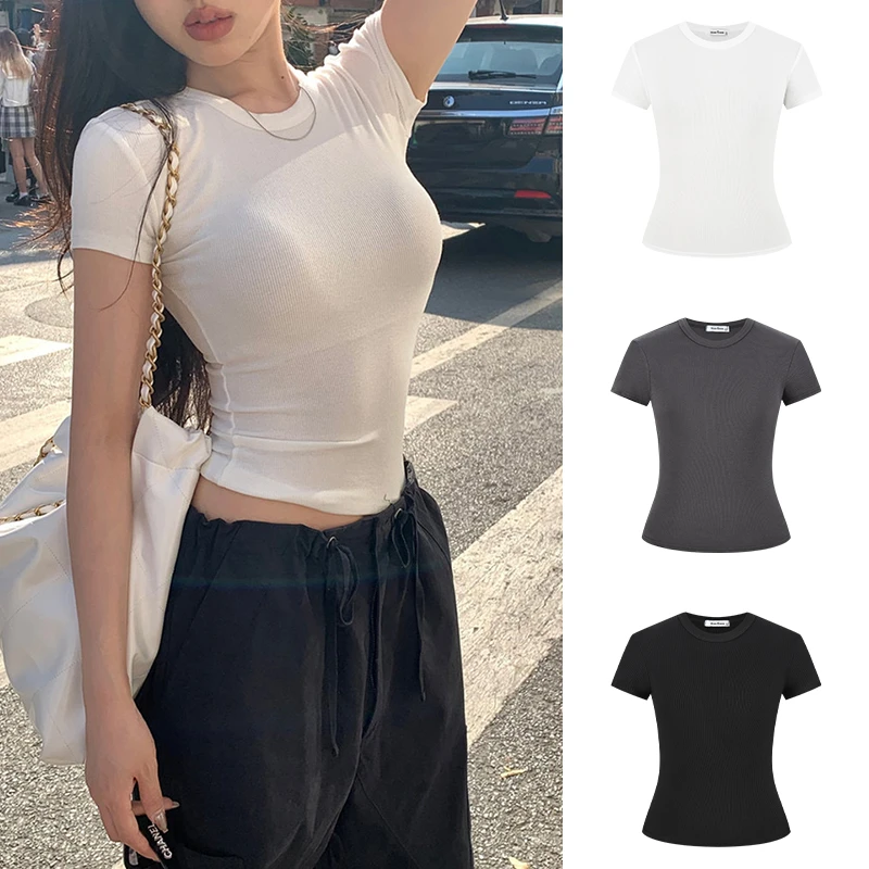 Moses Queen/魔西女王正肩圆领短袖T恤夏修身显瘦基础款短款上衣