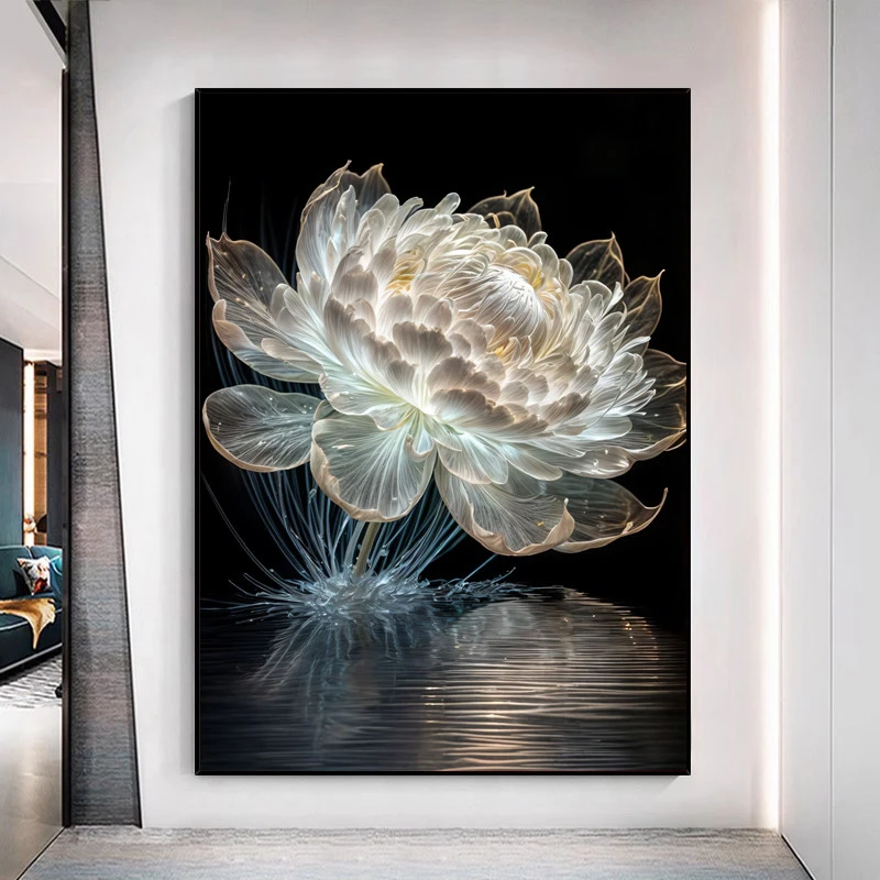 大气高级感玄关挂画轻奢花开富贵客厅沙发黑白牡丹花朵莲花装饰画