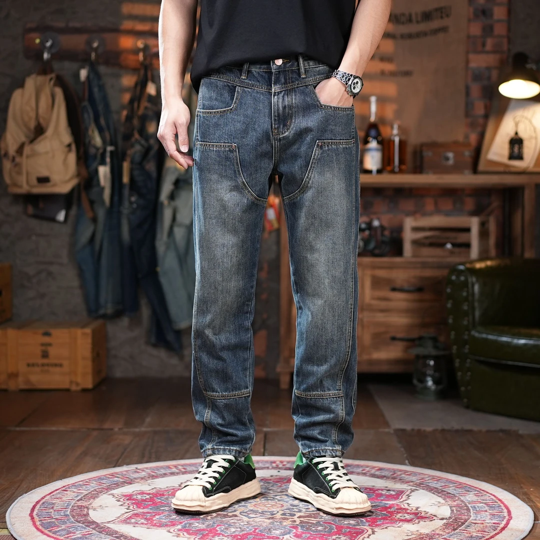 高端潮牌小众拼接牛仔裤男士宽松小直筒潮流胖子大码百搭裤子秋冬